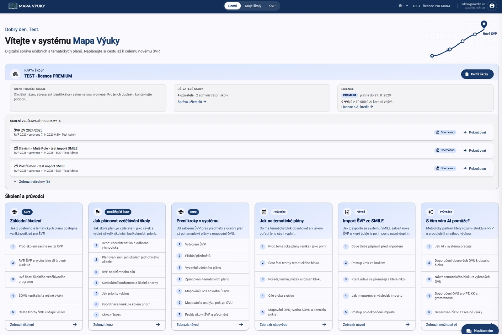 Přehled školy v systému Mapa výuky: karta školy s licencí, seznam školních vzdělávacích programů a nabídka školení a průvodců
